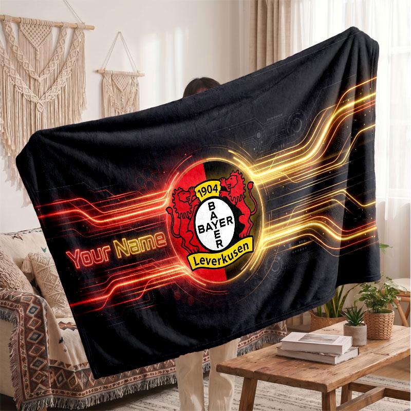 Bayer Leverkusen Voetbal Gepersonaliseerd Fleece Deken Met Voetbal Logo, Aangepaste Naam Tekst Zacht Warm Huis Plaid Deken