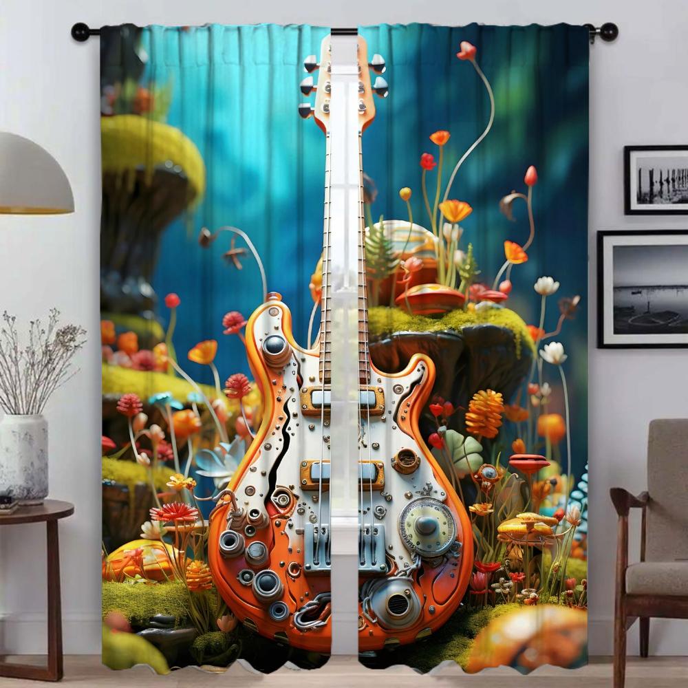 Antique Guitar Curtain Room Panel Curtains Bedroom Home Interior Halloween Decoration Shades Blinds Darkening Polyester Ideal For Master