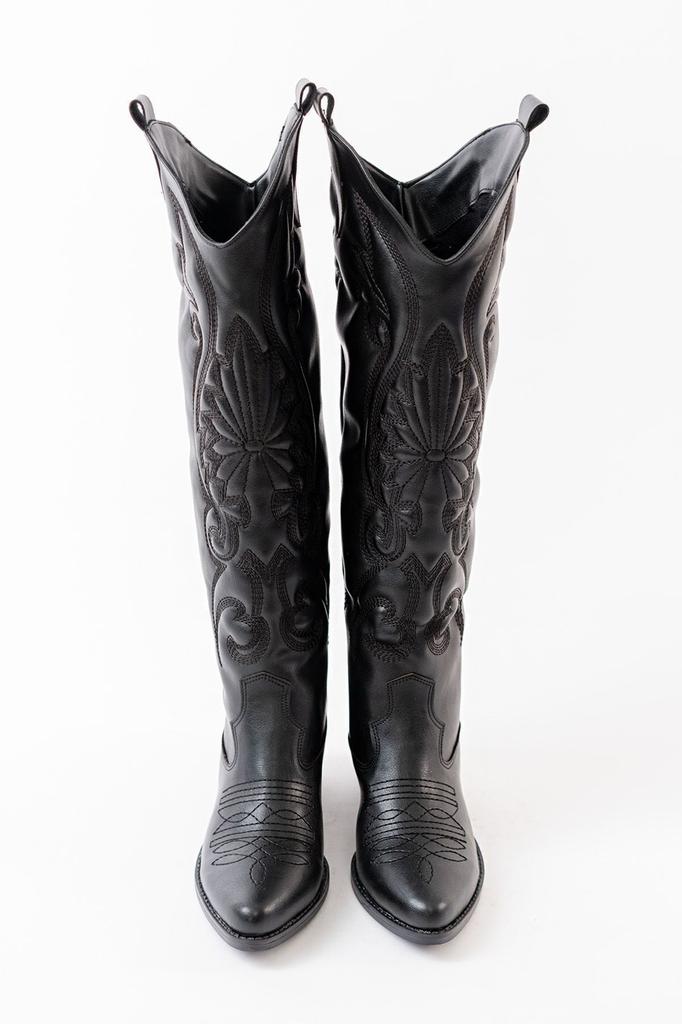 Women Modern Stylish Fashion Boots Faux Leather Suede Black Leather Embroidered Medieval Cowboy Long Boots