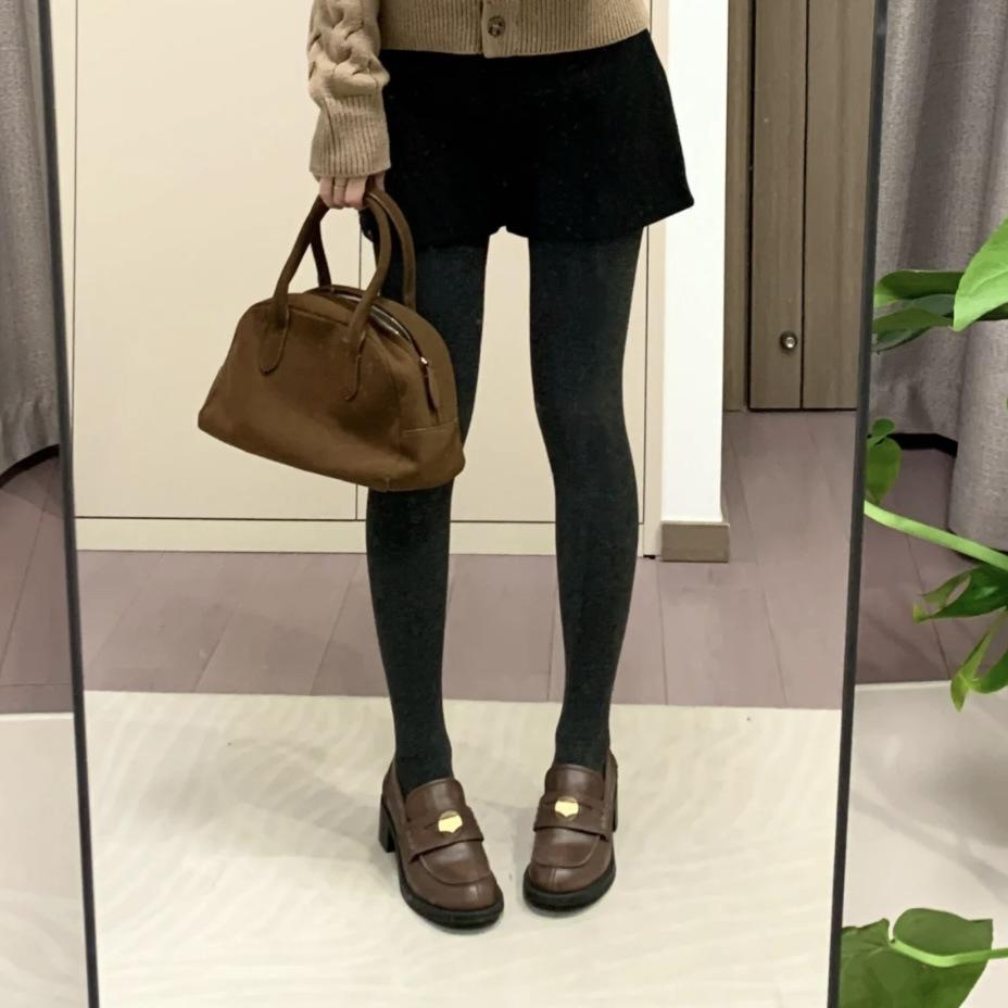 Grape Home~ Cowhide version, genuine leather British style round head small gold coin one pedal thick heel thick sole loafer leather shoes women