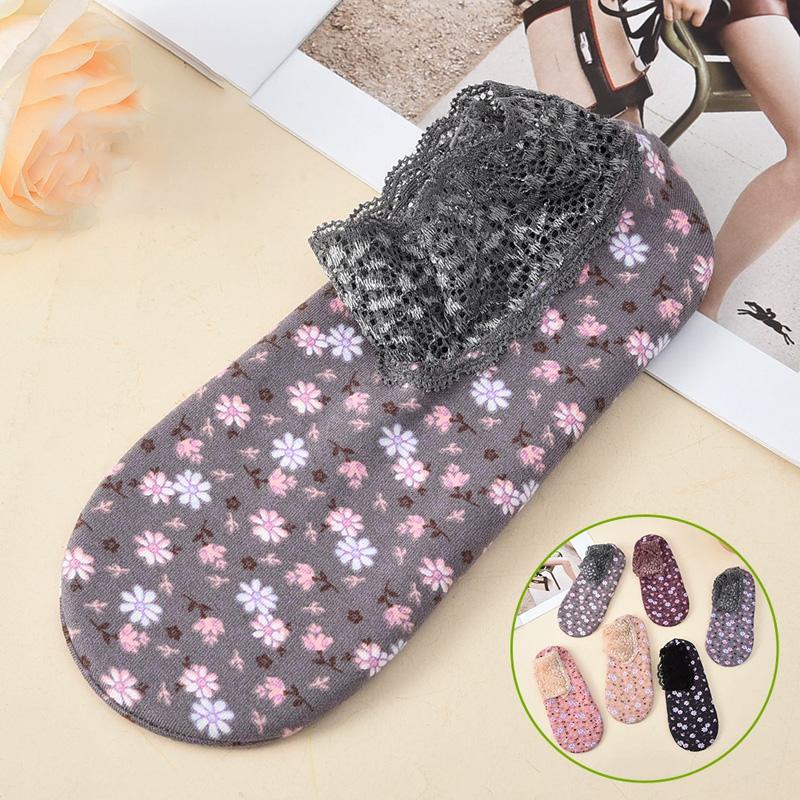 1 Pair Velvet Women Thermal Socks Autumn Winter Low Tube Warm Anti-slip Lace Trim Floor Socks