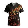 Women's V-Neck Short Sleeve Work Top with Pockets Leaf Print