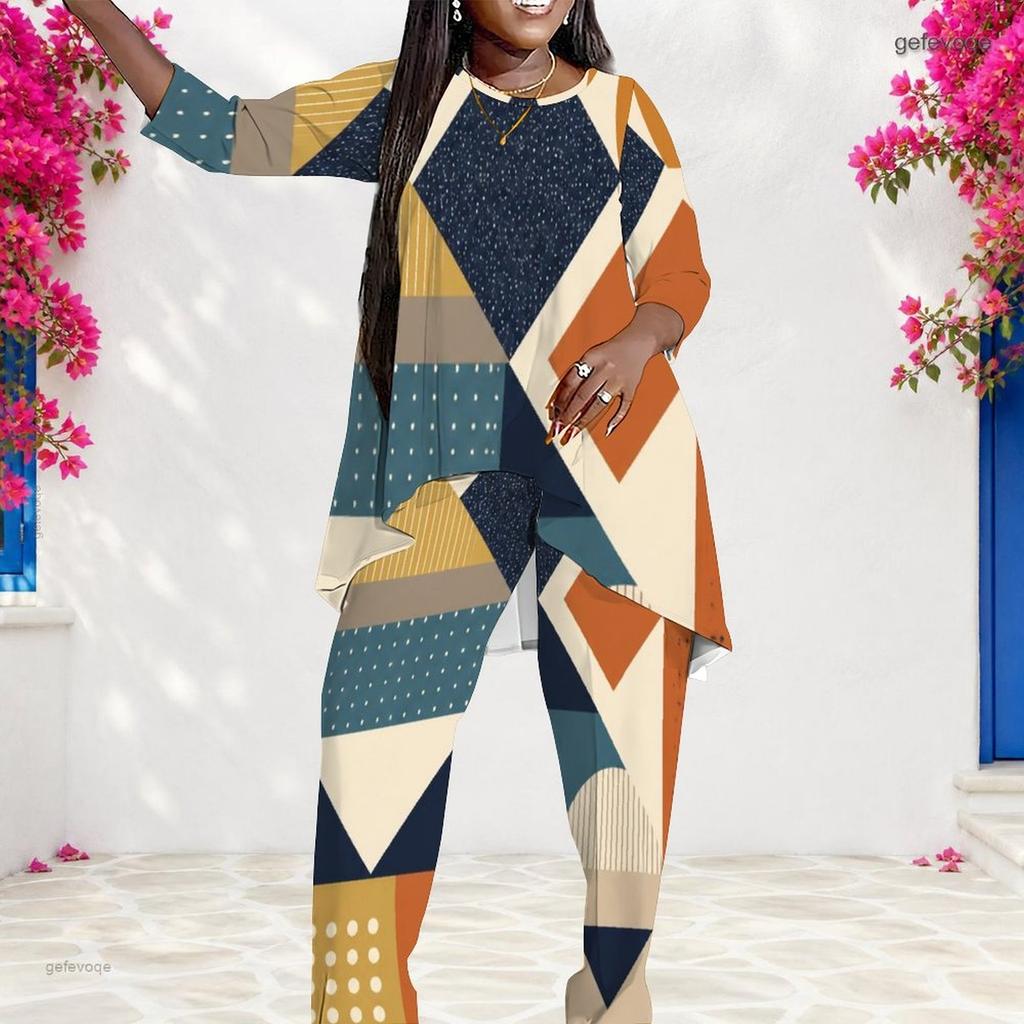 Women Plus Size Geometric Printed Round Neck 3 4 Sleeve Layered Top Long Pants Two Piece Set