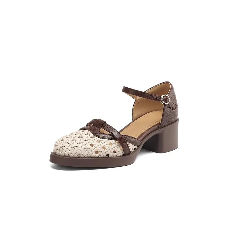 Women's Thick Heel Sandals Real Leather Hollow Cage Summer Eyelet Knot Roman Shoes round Toe Casual EVA Insole Rubber Outsole