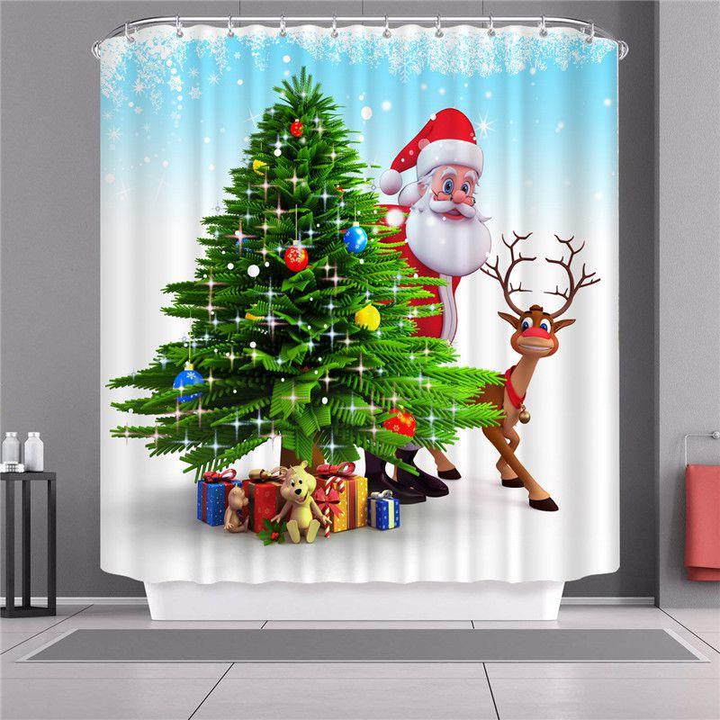 Curtain Shower Christmas With Hook Waterproof Fabric Bathroom Santa Xmas Claus