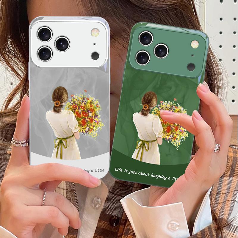 The girl holding flowers For iPhone 17 Air 16 E 15 14 13 Plus 12 mini 11 17 Pro Max XR Xs Max 16E 7 8 Tempered Glass Phone Case