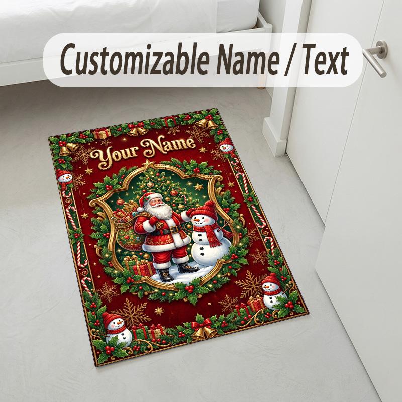 Christmas Theme Crystal Velvet Rug Personalized Custom Name Text Soft Floor Mat Home Decor