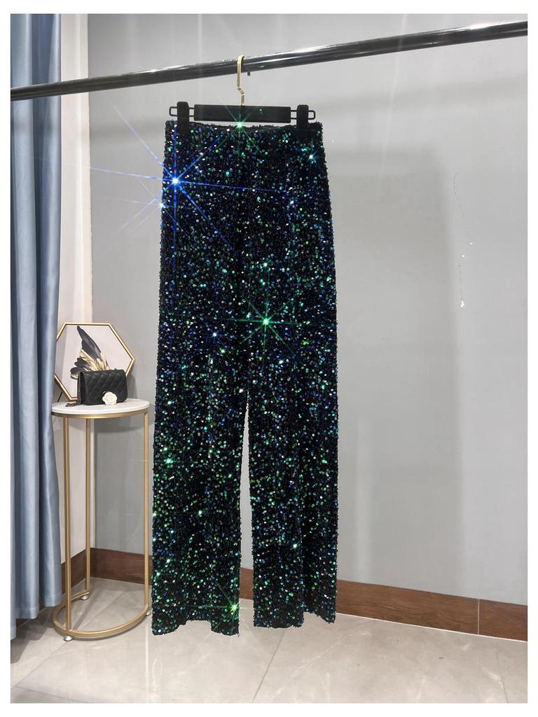Women's Korean Velvet Sequined Wide-Leg Pants: Slim-Fit, Floor-Length, Shiny Drape Casual Wear for Autumn and Winter