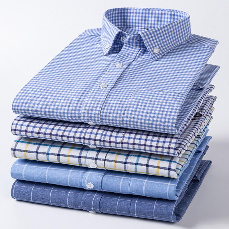 2026 Men Oxford Fashion 100% Cotton  Long Sleeve Casual Slim Solid Color Plaid Print Stripe Formal Dress Shirt Plus Size