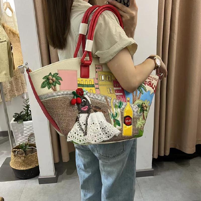 Printemps Nouvelle Mode Grand Sac Fourre-Tout Créatif Épissage Brodé Sacs à Bandoulière pour Femmes Sac Panier Haute Capacité Européen Américain Rétro Sacs à Main pour Dames