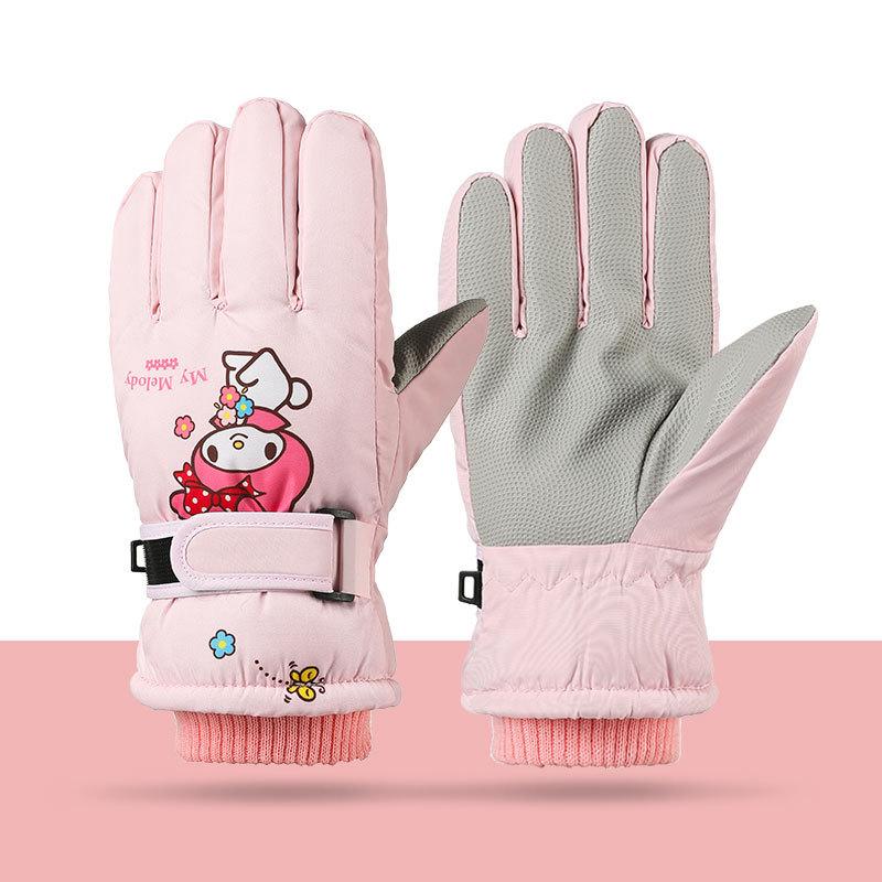 Kuromi Melody Winter Children Fleece Gloves Waterproof Outdoor Ski Warm Outdoor Cycling Gloves Windproof Cold Resistant Sanrio