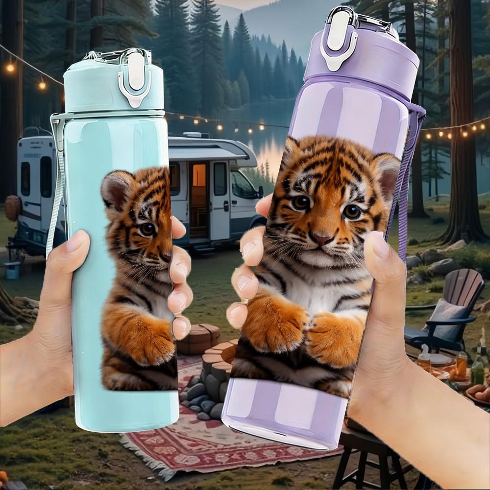 1PC Realistic Tiger Cub Animal Print 750ml Color Plastic Sports Water Bottle Leakproof Flip Straw Lid Suitable for Sports Office Home Use