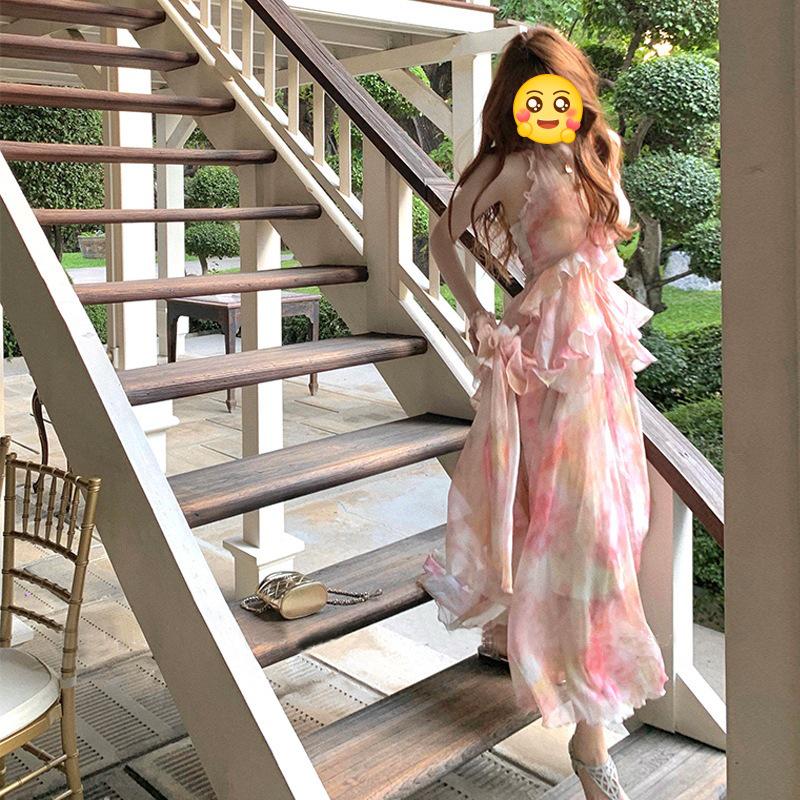 2026 Summer Romantic Chiffon Maxi Dress: Waist-Cinched Halter Neck with Oil Painting Print Large