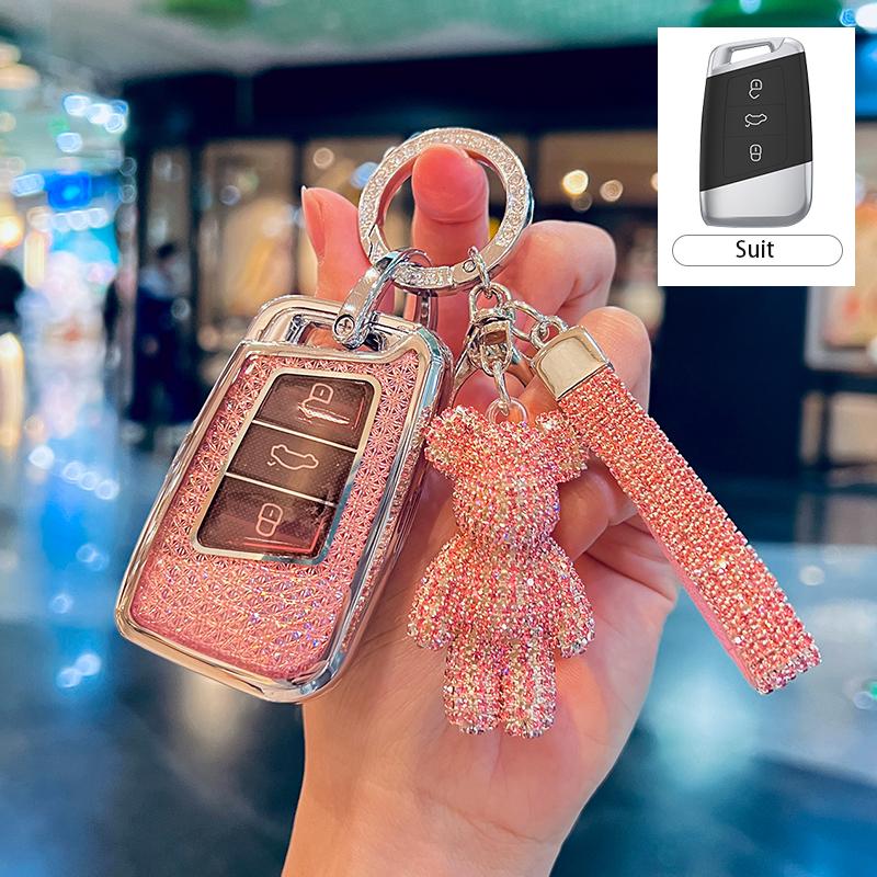Crystal Pink Tpu For Vw Volkseagen Passat B8 Magotan For Skoda Superb A7 Kodiaq Seat Remote Car Key Case Cover Fob Bag Keychain