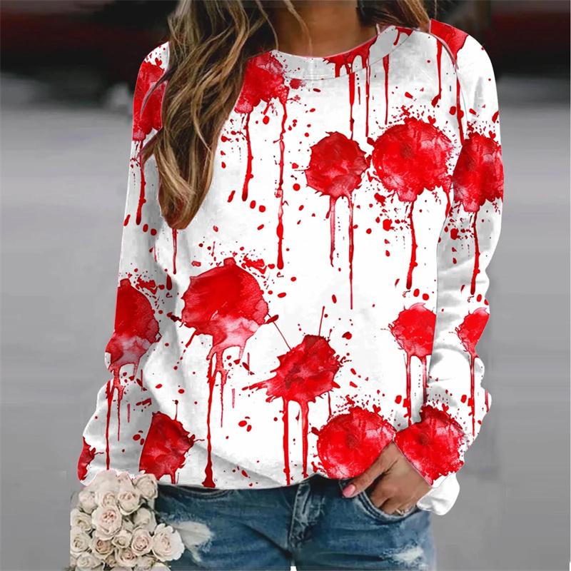 Harajuku 3D Horror Halloween Print Sweatshirts Red Bloody Patterns Graphic Round Neck Hoodies Women Fashion Clothing Sweatshirt