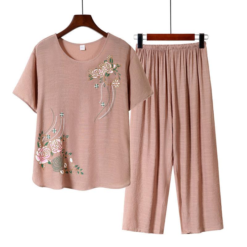 Women's Summer Thin Section Can Be Worn Outside Suit Middle-aged and Elderly Short-sleeved Comfortable Top + Seven Pants Casual Home Two-piece Set