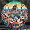 Barcelona Gaudi Cityscape Metal Print, Sagrada Familia Park Guell Illustration Colorful Wall Decor