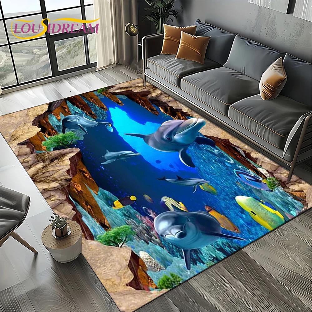 Underwater World 3D Illusion Seabed Cartoon Shark Dolphin Carpet Rug for Living Room Bedroom Home Sofa Decoration,Floor Mat Kid