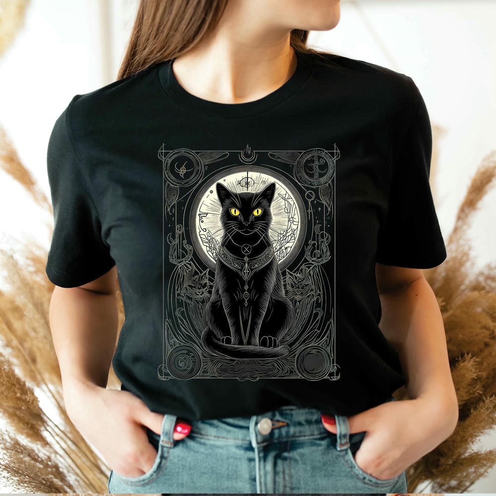 Vintage Women Mystical Cat Tarot Shirt Celestial Moon Phase Goth Dark Academia Shirt Crewneck Casual Unisex Y2K Top Streetwear