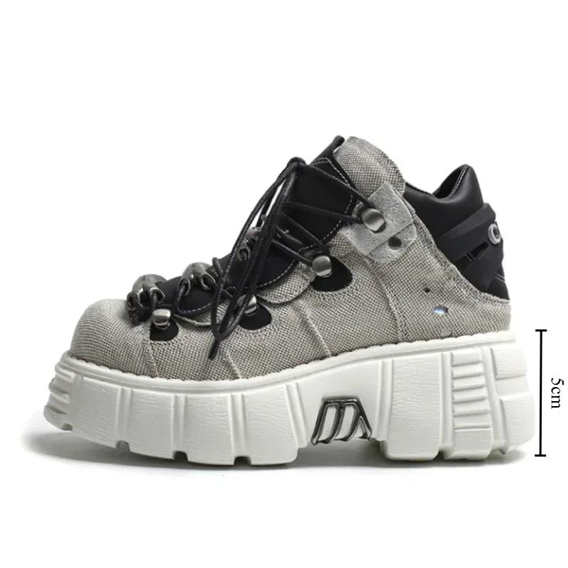 Punk Style Women Sneakers Rock Metal Decor Lace-up Heel Height Platform Shoes Gothic Man Shoes Men Sneaker
