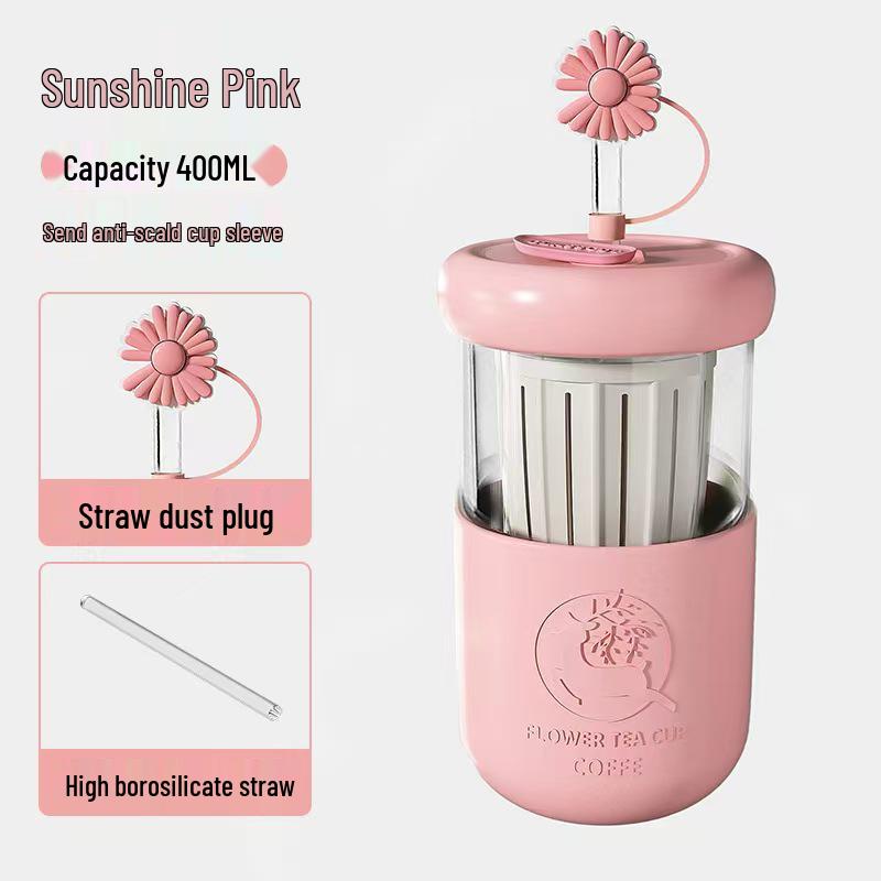 Charming Floral Tea Cup with Sleeve - Lemon Portable Mug for Milk, Coffee, Tea, Water; Includes Straw for Separation, Large Capacity.