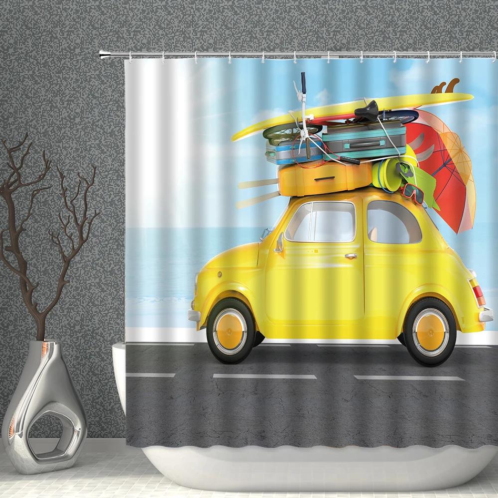 Summer Holiday Retro Cartoon Bus Shower Curtains Vintage Surfboard Palm Tree Bathroom Partition Decor Bathtub Curtain with Hook