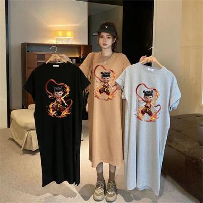 Abito T-shirt Estivo Ampio Taglie Forti Dimagrante Manica Corta Abito Donna Spaccato Lungo