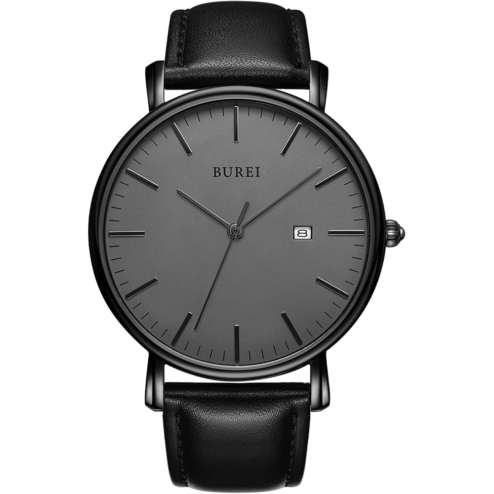 BUREI Men s Simple Business Watch Leather Band Thin Design Black Dial