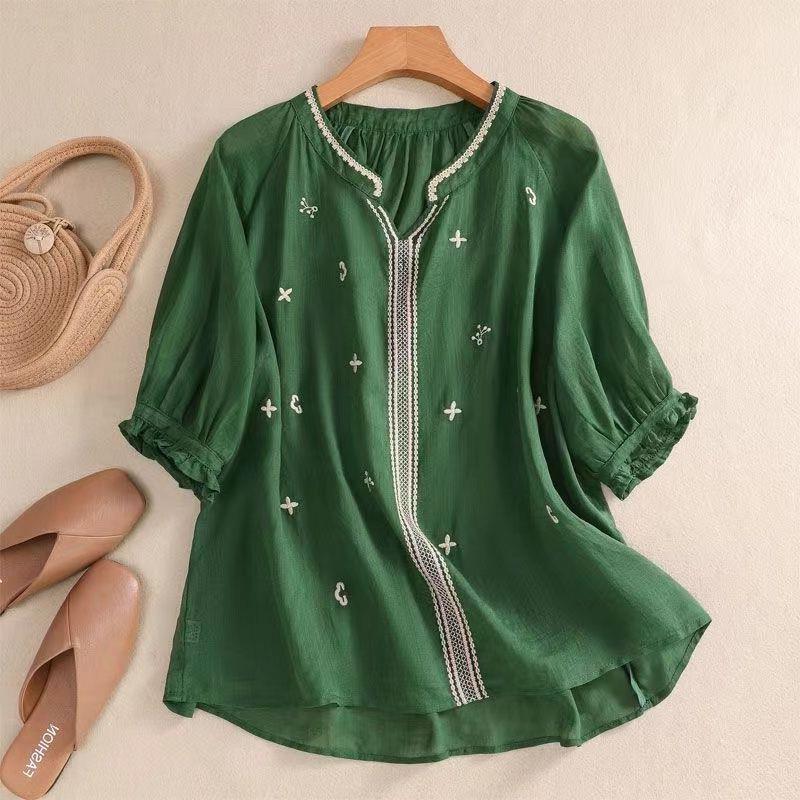 Cămașă Retro din Bumbac-In cu Mâneci Medii și Gât în V Brodată - Casuală, Slim și care Reduce Vârsta