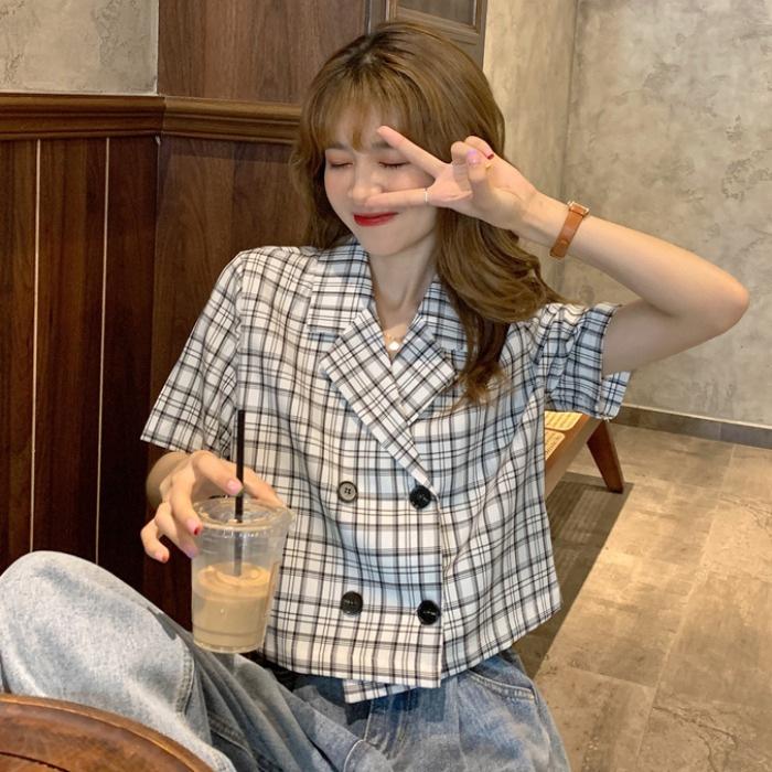 Elevated Waist Plaid Suit Collar Short Sleeve Shirt Small Jacket Summer Korean Style Short Slim Top for Ladies Breathable Fabric Practical Daily Use