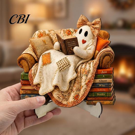 Festive Atmosphere Wood Ornaments Halloween Cute Ghost Ornament, Cartoon Wooden Statue, Theme Party Creative Ornament for Home Props Decorative Crafts
