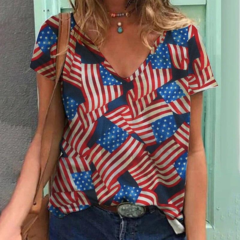 Summer American Flag USA 3D Print T-shirts Women Streetwear T Shirt Y2k Tops V-Neck Sports Tees Girl Oversized Harajuku Clothing