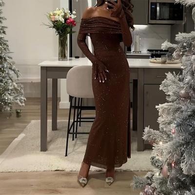 Κομψό Φόρεμα με Μονόχρωμο Σχέδιο, Μακριά Μανίκια και Μακριά Φούστα για Γυναίκες, με Ένα Μήκος Λαιμόκοψη, Σέξι, Στενό, Εφαρμοστό στη Μέση