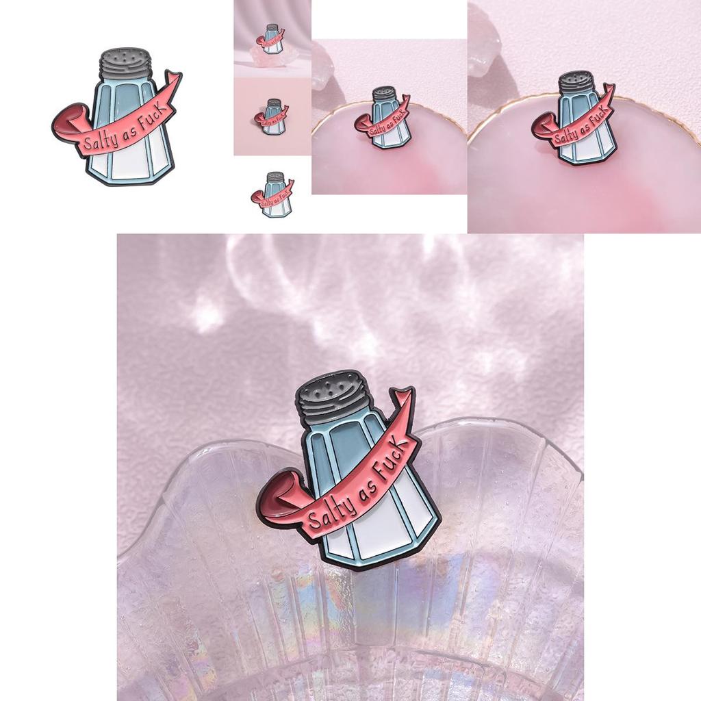 Unique Creative Cartoon Salt Shaker Brooch Fun Badge With Quirky Letter Design