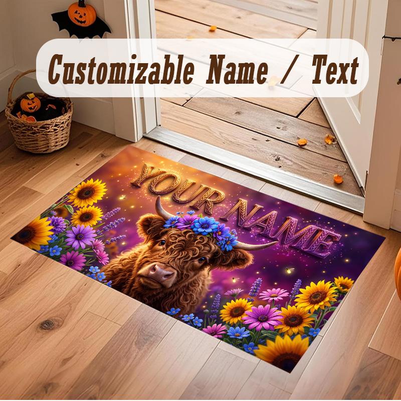 Highland Cow Theme Soft Crystal Velvet Rug Custom Name & Text Print Non Slip Floor Rug for Bedroom Living Room