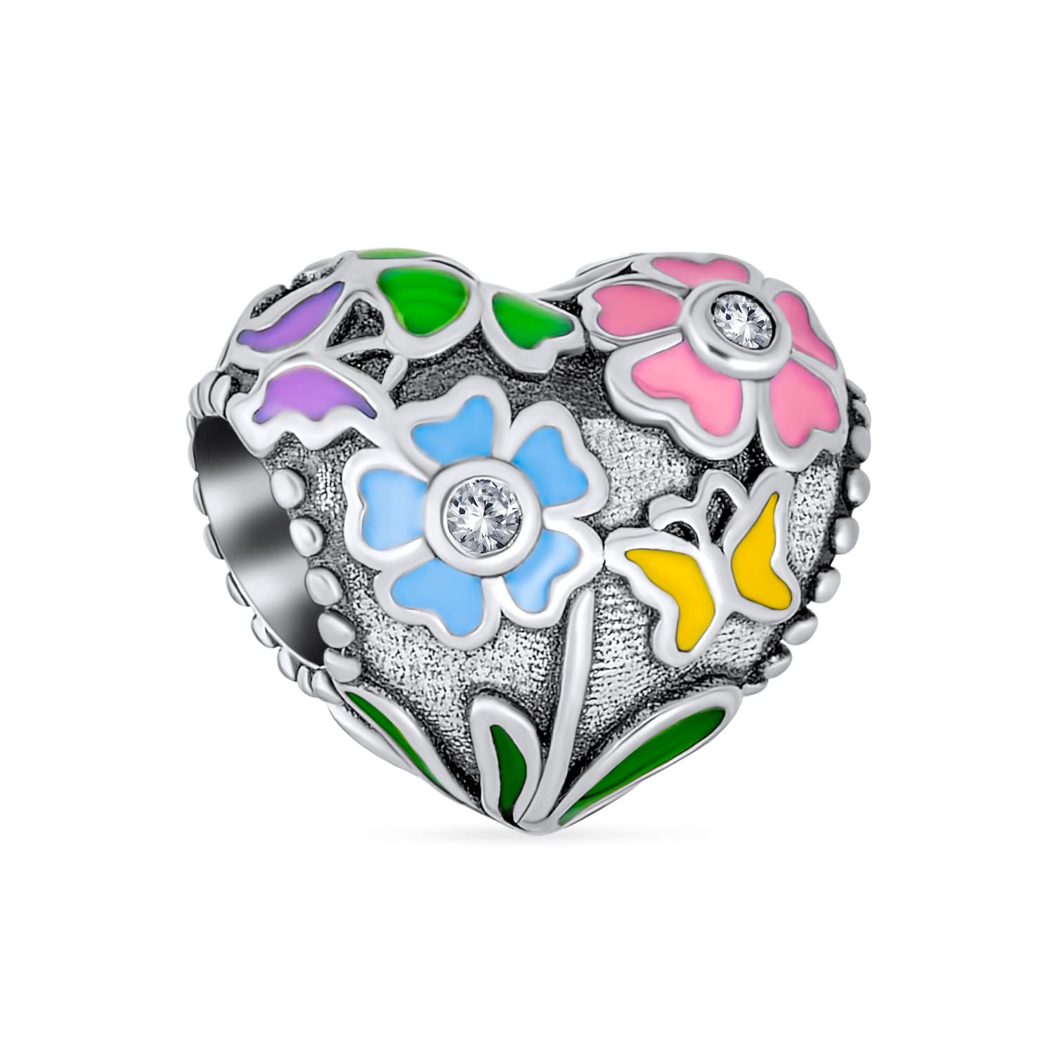 

Valentine CZ Accent Love Grow Multicolor Enamel Floral Bouquet 3D Flower Heart Shape Charm Beads for Women Girlfriend Sterling Silver Fit European