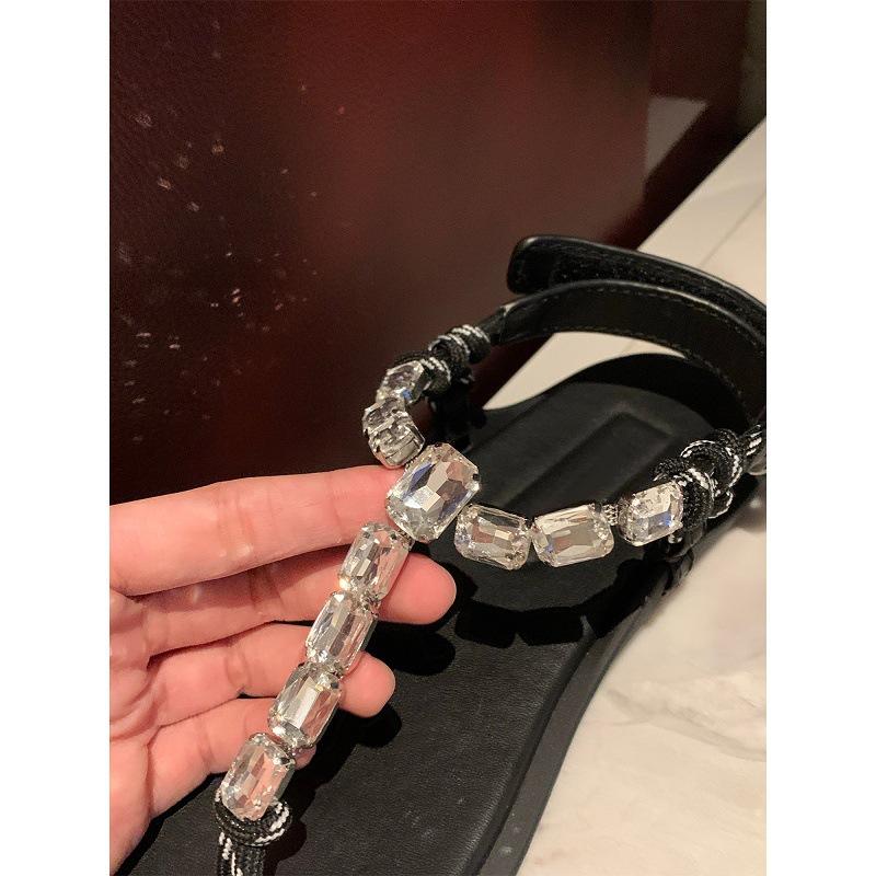 Lambskin sparkling rhinestone pinch flip-flops summer new fairy wind vacation beach flat toe sandals