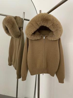 Korean Style Faux Fox Fur Hooded Knit Cardigan Coat