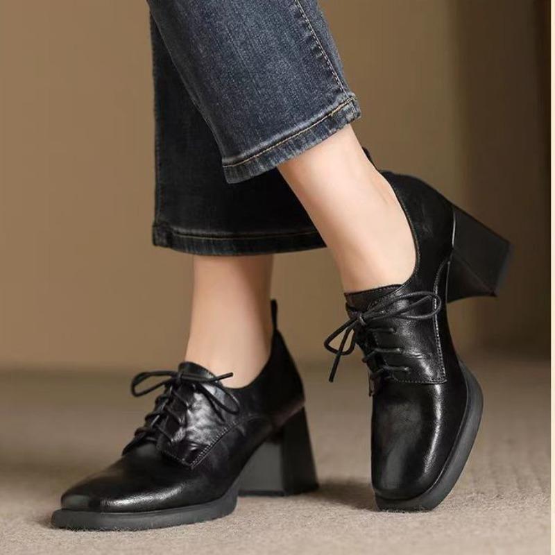 Fashion Women's Chunky Single Shoes Spring New Square Head Deep Mouth Front Lacing Anti-slip Wear-resistant High Heels