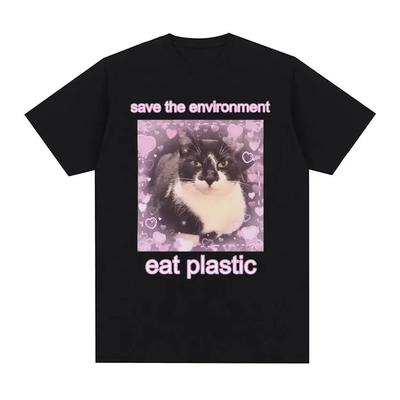Çevreyi Koru Plastik Ye Sevimli Kedi Grafik Tişört Komik Erkek Kadın O Yaka Giyim Tişörtler Pamuk Tişört