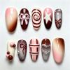 24 Stück Süßes Rosa Farbverlauf French Press Aufstecknägel Brauner Wirbel Schleife Kariert Mandel-Nagelspitzen mit Perlen-Inlay Stil Tragbare Nägel