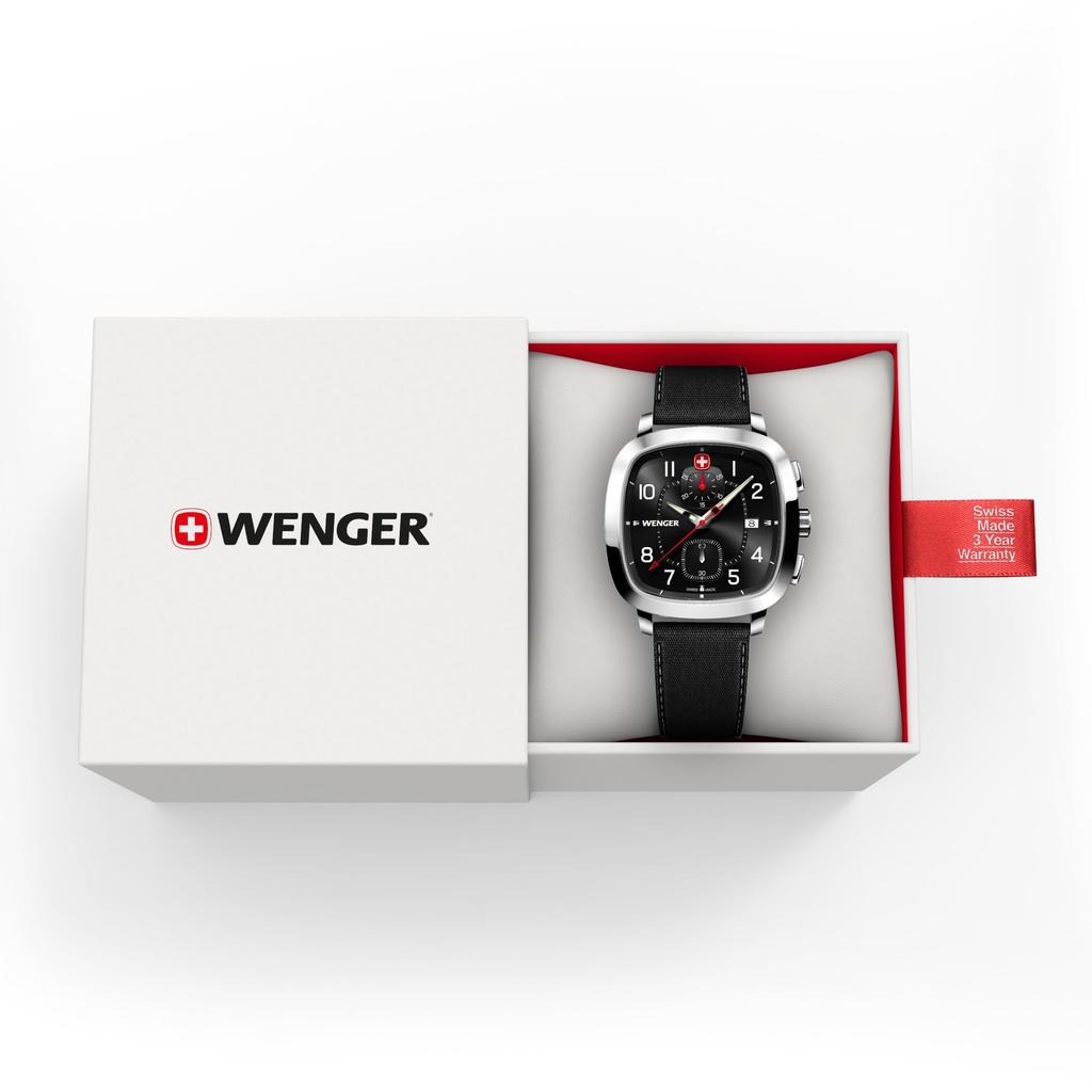 WENGER VINTAGE SPORT CHRONO Stainless Steel Case Black Black Recycled Quartz 50m Water Gift Idea Men's Watch, (316L)