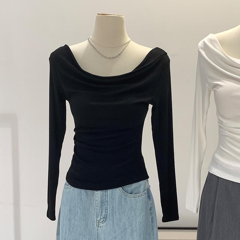Off-the-shoulder one-word neck bottoming shirt, female Spice Girl long-sleeved slim-fitting T-shirt with spring Maillard top