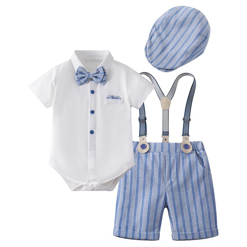 2025 European Style Boys' Summer Bodysuit Set: Short Sleeve, Shorts, and Hooded Three-Piece Outfit