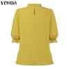 VONDA Women Casual Ruffled Round Neck Summer Short Puff Sleeve Pleating Blouse