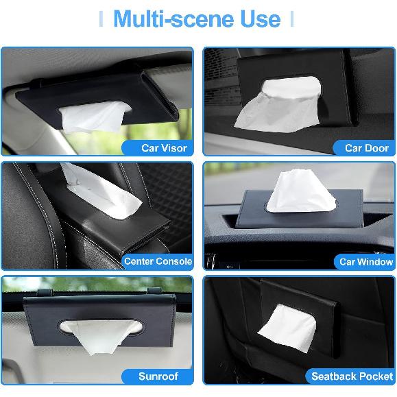 Car Tissue Holder, Upgraded Version Hanging Tissue Holder In Car, Premium PU Leather Car Napkin Holder For Universal Auto, Easy Use (Black)