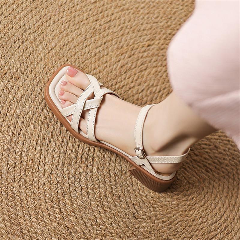 Fashion New Summer Sandals Sheep Leather Women Shoes Square Toe Chunky Heels Sandals for Women Fashion Roman Sandals Shoes High Heels