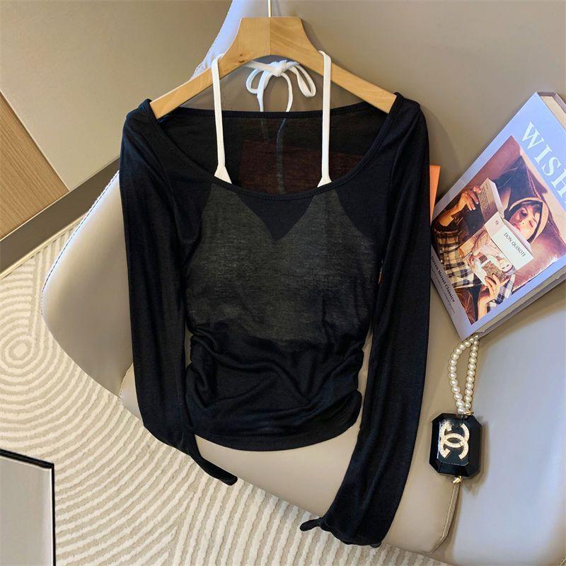Spicy Girl Two-Piece: Hollow Knit Long Sleeve & Summer Camisole Cover-Up Set