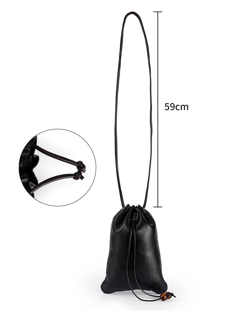 New Genuine Leather Drawstring Shoulder Bag with Earphone and Cable Storage - Korean Style Cowhide Messenger Bag