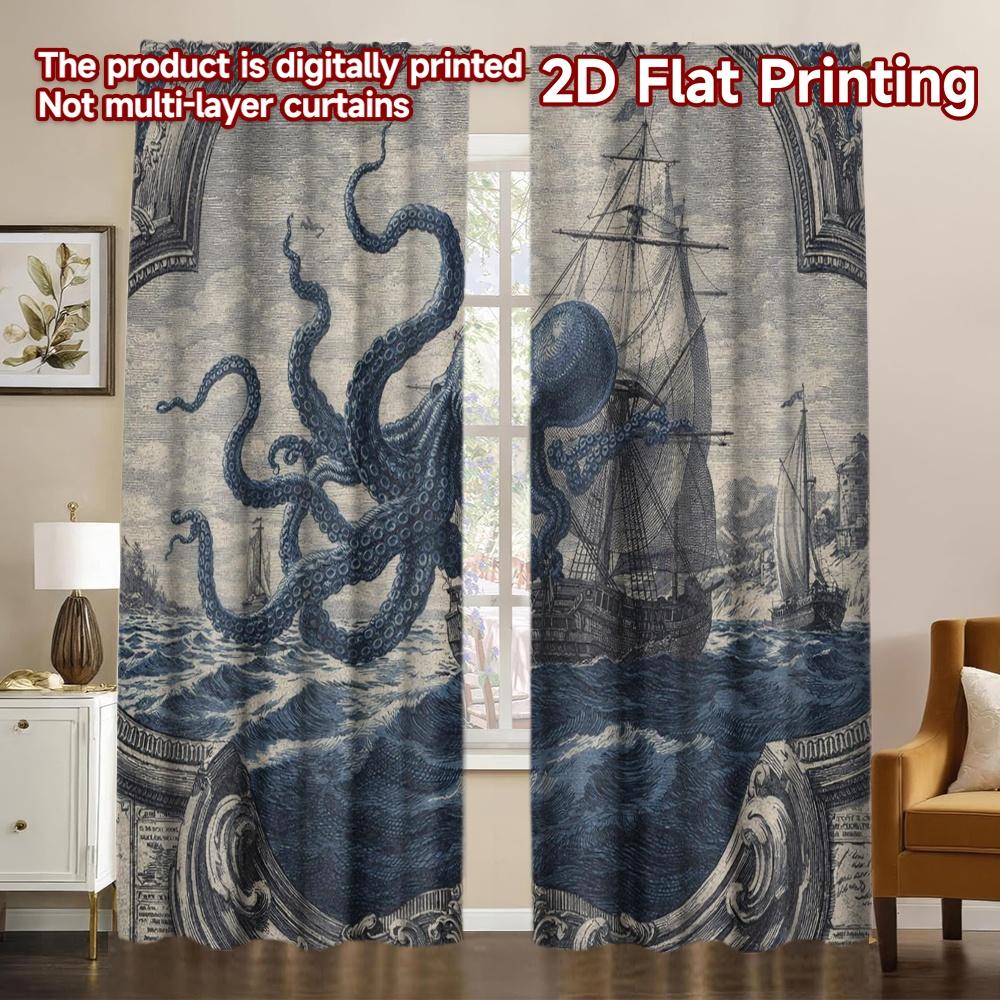 2D FLAT PRINTING 2pcs Curtains (Without Rod) Giant Octopus and Ship Chic Minimalist Curtains Versatile 100% Polyester Curtains 60×150cm